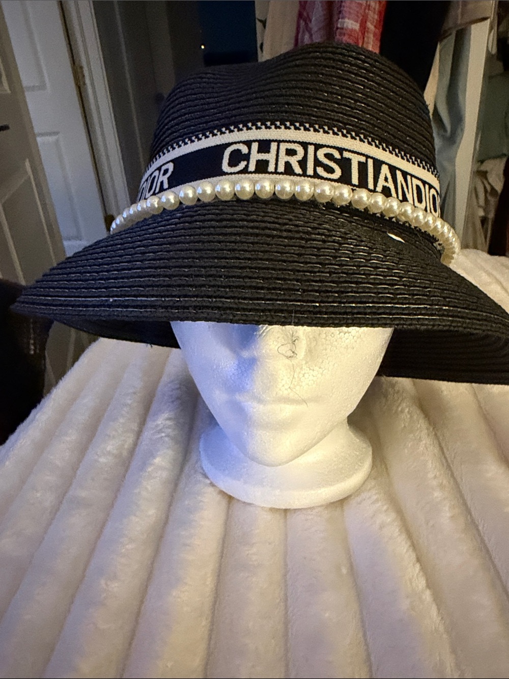 Please read descriptionDior Black Wide-Brim Straw Hat with Pearl Trim and Logo B